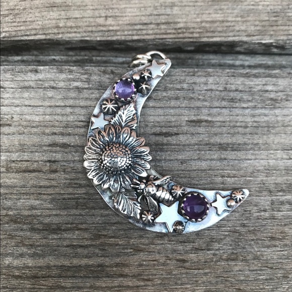 ❌SOLD❌Sunflower Moon Stars Pendant Amethyst Stones - Picture 3 of 7